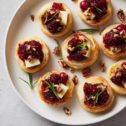 Melting Brie and sweet cranberry atop puff pastry, creating delicious Cranberry Brie Bites for a party.