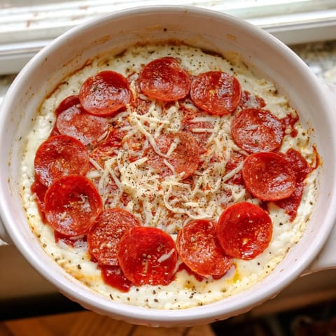 A close-up of cheesy Pizza Dip, featuring pepperoni baked to perfection and bubbling edges.