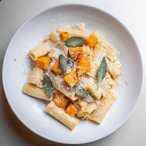 Deliciously plated Roasted Butternut Squash and Sage Goat Cheese Pasta, a comforting vegetarian meal perfect for fall.