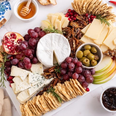 A generous Jingle Bell Cheese Board with an array of cheeses, fruits, and crackers perfect for sharing.