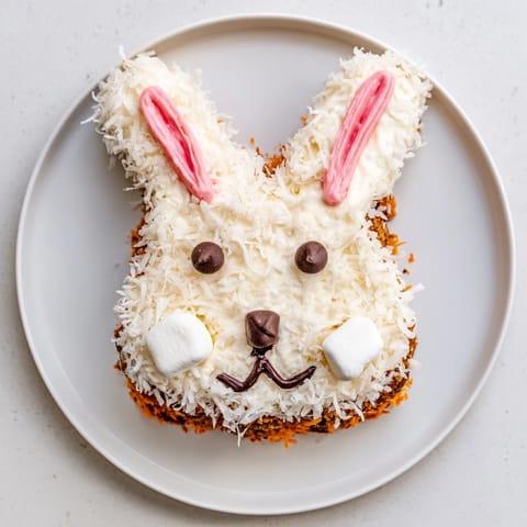 Moist Spring Bunny Carrot Cake, covered in fluffy frosting and coconut "fur", ready to be devoured.