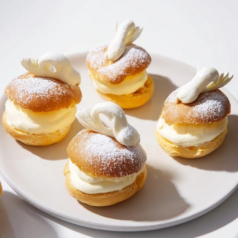 Golden, flaky Elegant Swan Mini Pastries sit elegantly, filled with sweet vanilla cream and ready to enjoy.