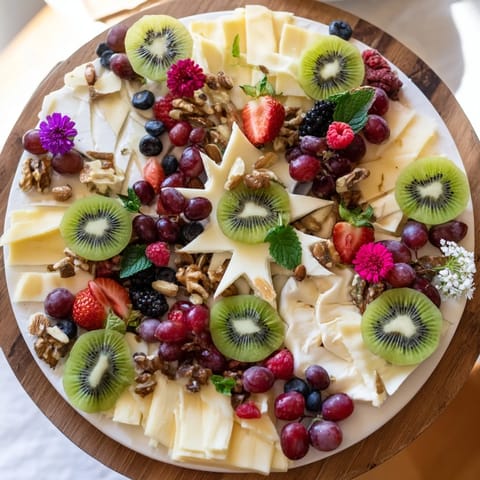 Elegant Negative Space Puzzle featuring fresh fruit, cheeses, and crackers arranged for an eye-catching presentation.