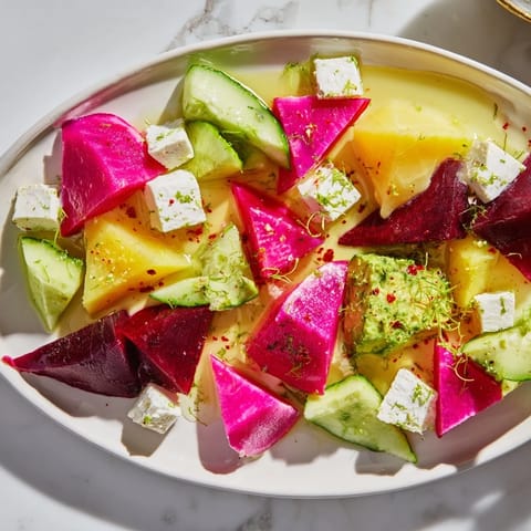 A visually stunning The Cubist Deconstruction: artistic fruit, veggie, and feta mosaic, drizzled with olive oil.