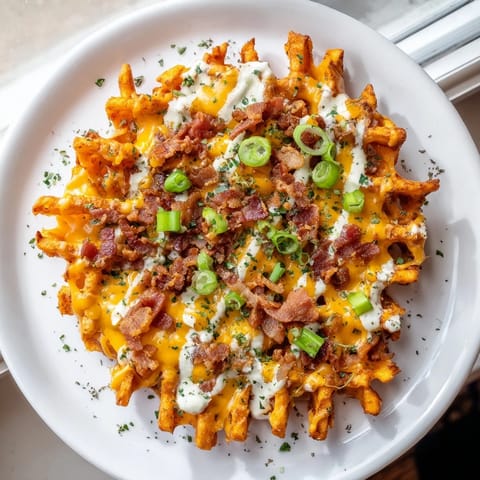A close-up of Loaded Sweet Potato Fries, featuring melted cheese, bacon crumbles, and fresh green onions.