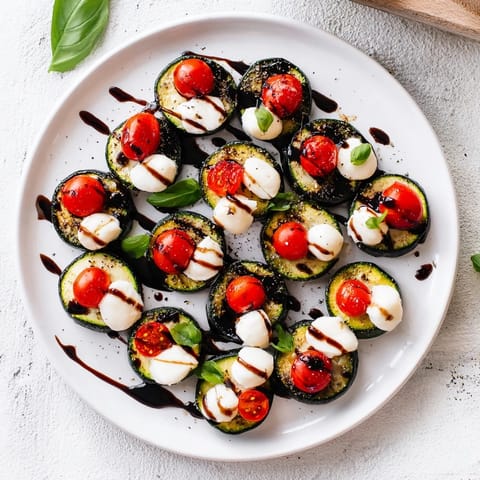 Perfectly baked Zucchini Caprese Bites, glistening with olive oil and topped with fresh basil, ready to serve.