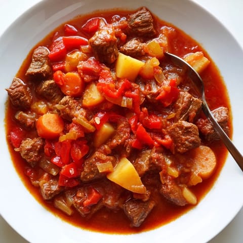 A hearty and flavorful serving of Hungarian Goulash Stew, perfect for a cozy, comforting dinner on a chilly night.