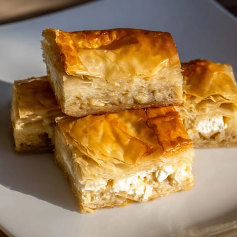 Golden, flaky Serbian Gibanica, a layered cheese pie with a wonderfully savory, creamy filling.