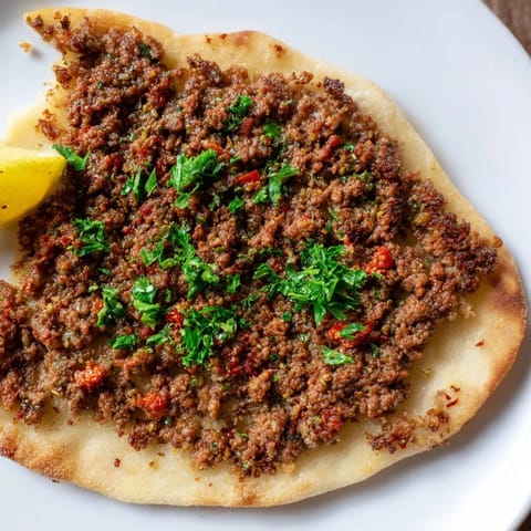 Golden-brown Turkish Lahmacun with a savory meat topping, perfect for a flavorful meal.