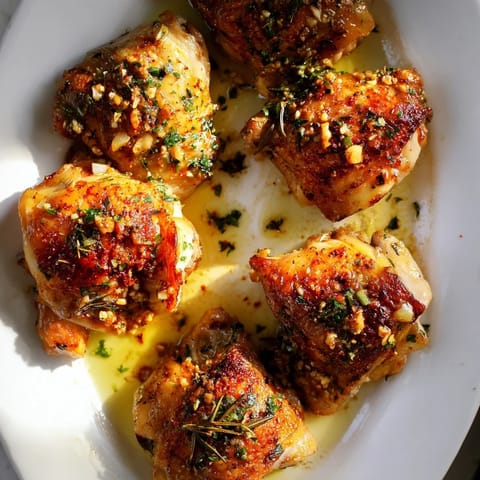 A skillet of Garlic Butter Chicken Thighs served with lemon wedges and roasted potatoes.