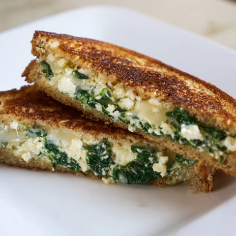 A hearty Feta & Spinach Stuffed Grilled Cheese, perfectly toasted on sourdough and served warm beside a small bowl of tomato soup.  