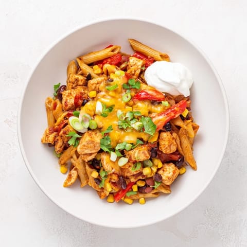 Golden, crispy chicken pieces nestled in cheesy pasta with black beans, corn, and bell pepper, served with lime wedges on the side.  