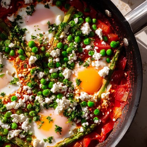 A close-up of Pea and Broad Bean Shakshuka with tender asparagus and peas, finished with crumbled feta and fresh herbs.  
