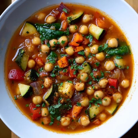 Spicy Chickpea Stew simmered in a pot with vibrant carrots, red bell pepper, and wilted spinach.  