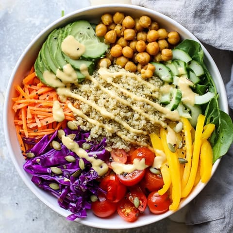 Colorful quinoa Buddha bowl filled with roasted chickpeas, fresh vegetables, and drizzled tahini lemon dressing.