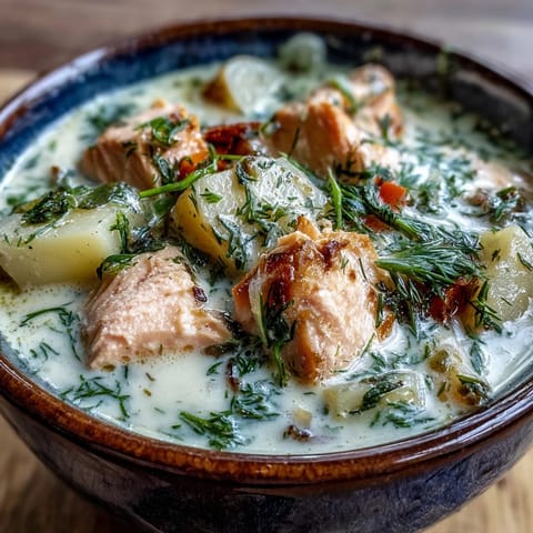Creamy Finnish Salmon Soup with tender salmon cubes, potatoes, and fresh dill garnish in a rustic bowl.