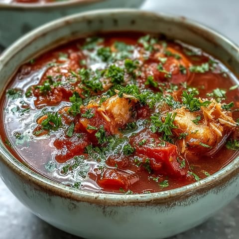 Steaming Tuna and Tomato Soup features tender tuna flakes and aromatic herbs in a rich, tomato-based broth.