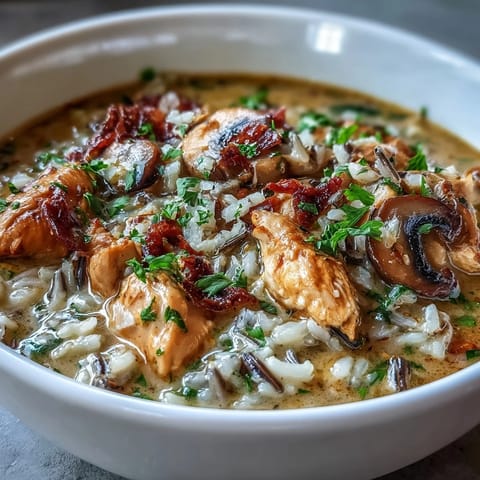 Steaming Parmesan Mushroom Chicken and Wild Rice Soup in a rustic bowl, featuring tender chicken pieces and sliced mushrooms in a rich broth.