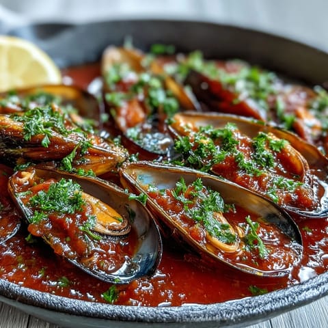 Succulent Smoky Mussels Pomodoro served in a shallow bowl alongside crusty sourdough for dipping.