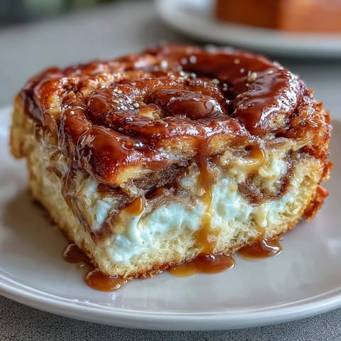 Freshly baked golden brown Caramel Cream Cheese Bread loaf with caramel drizzle, served on a white plate for breakfast.