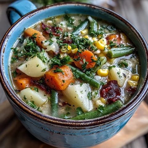 Steaming Amish Snow Day Soup ladled from a pot, served beside crusty bread for dipping.