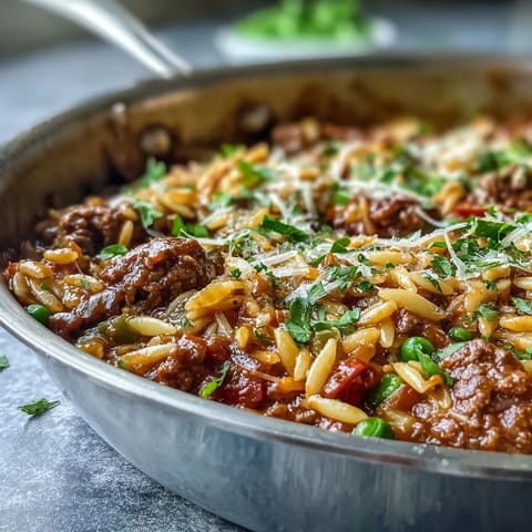 A hearty bowl of Comforting Ground Beef Orzo Dinner, garnished with fresh parsley and served beside salad.