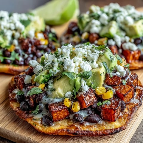 Crisp tostada shells loaded with roasted sweet potato cubes and creamy avocado slices, topped with crumbled feta.