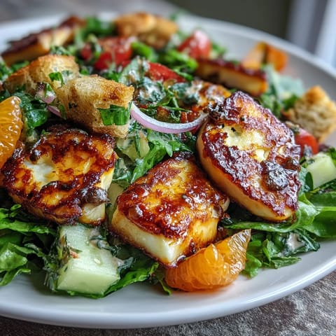 Golden-fried halloumi cheese and juicy blood orange segments top a vibrant bed of fresh salad greens with crispy sourdough croutons.