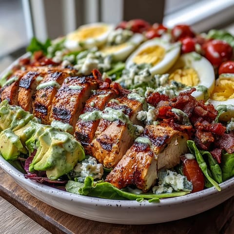 This classic Cobb Salad Bowl showcases colorful rows of veggies and proteins drizzled with creamy ranch dressing.  
