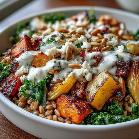 Hearty winter grain bowl with golden roasted carrots, parsnips, and sweet potato, finished with pumpkin seeds and fresh parsley.