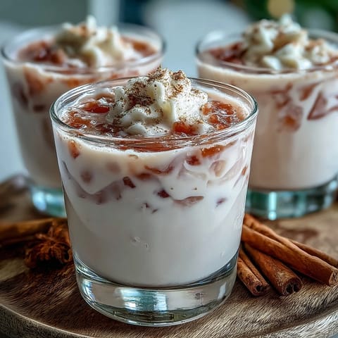 Creamy Guava Coquito in a glass, garnished with cinnamon stick and tropical pink hue.