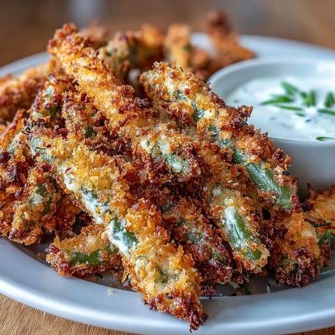 Crispy green bean fries cooked in the air fryer, golden and crunchy, served with a creamy ranch yogurt dip.  
