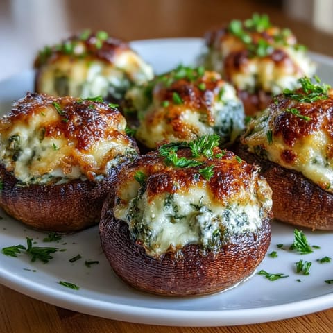 Creamy spinach and cheese stuffed mushrooms crisped in the air fryer, golden and savory. A perfect vegetarian appetizer for parties or game day snacking.