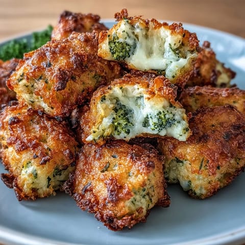 Cheesy broccoli and cheddar tots cooked in the air fryer, served hot with a golden-brown crunchy coating.