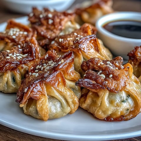 Golden air fryer dumplings with crispy edges, filled with savory pork and cabbage, served alongside tangy soy ginger dipping sauce.