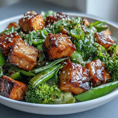 Vibrant teriyaki tofu stir-fry with crispy tofu, fresh broccoli, and snap peas in a glossy homemade sauce.  