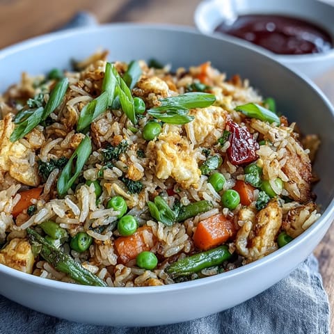 Vibrant fried rice with spring peas, carrots, and bell peppers, seasoned with ginger and soy sauce for a fresh, healthy meal.  