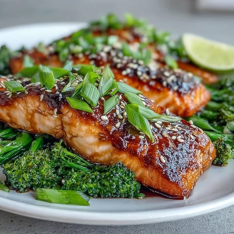 Succulent salmon fillets roasted with honey soy glaze, accompanied by sesame oil-tossed broccoli for a flavorful Asian-inspired meal.  