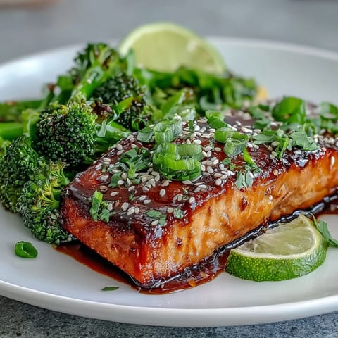 Honey soy glazed salmon with sesame broccoli served on a white plate, showcasing golden-brown fillets and vibrant green florets.  