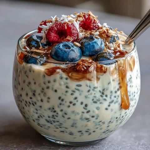 Fluffy Yogurt Chia Pudding with Vanilla Bean, topped with fresh berries and toasted coconut flakes, a creamy and healthy breakfast or dessert.