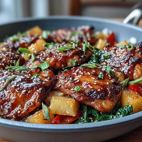 A sizzling skillet of honey garlic chicken thighs glazed with sweet pineapple and colorful bell peppers for a tropical dinner.