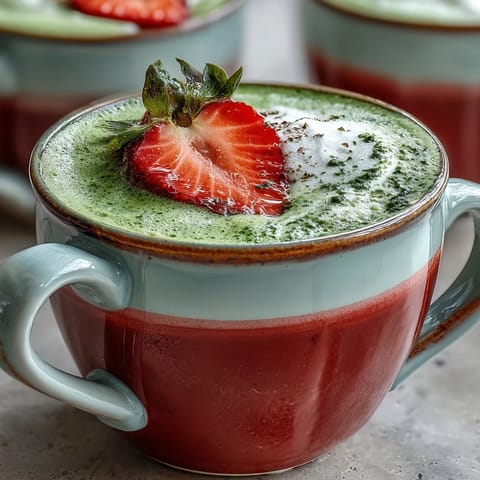 Warm strawberry matcha latte with frothy milk and vibrant green matcha layer, perfect for cozy evenings and comforting sips.