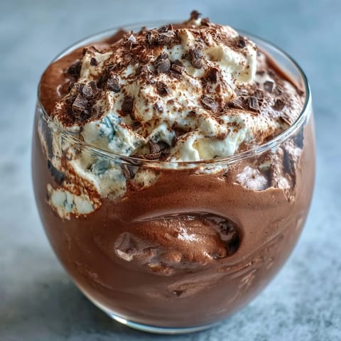 Silky high-protein cottage cheese chocolate mousse with rich cocoa and dark chocolate, garnished with fresh berries and shaved chocolate.