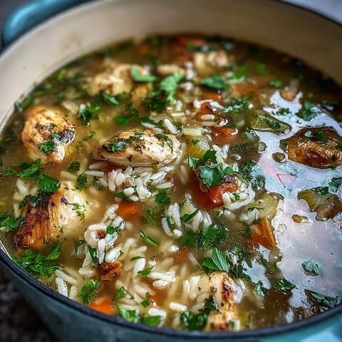 One-pot healthy chicken and rice soup with tender chicken, fresh vegetables, and hearty rice in a savory broth, perfect for a comforting meal.