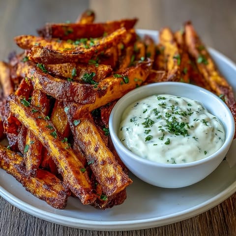 Crispy air fryer sweet potato fries with garlic aioli, golden and seasoned to perfection for a healthy snack or side dish.