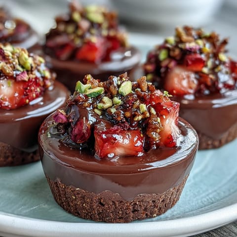 Luxurious Dubai chocolate cups filled with fresh strawberries and fragrant pistachio crunch, perfect for elegant entertaining.  