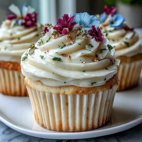 A dozen vanilla cupcakes with creamy buttercream, decorated with colorful edible flowers for a spring celebration.