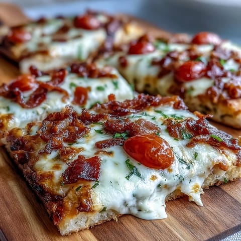 Kentucky Derby Hot Brown flatbread pizza with roasted turkey, crispy bacon, and creamy Mornay sauce on golden crust.