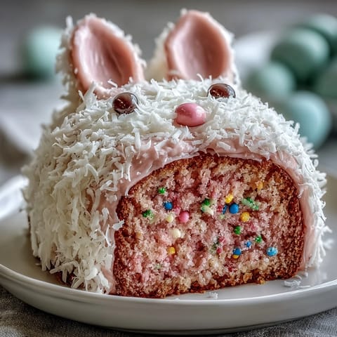 A festive Easter Bunny Cake with a hidden sprinkle center, perfect for holiday celebrations and family gatherings.  