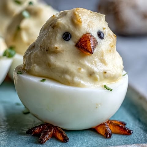 Cute deviled egg chicks decorated with carrot beaks and peppercorn eyes, perfect for Easter appetizers.  